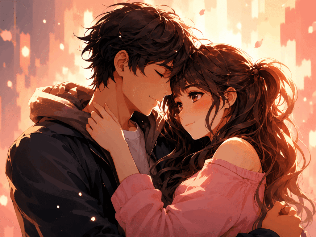 A romantic scene of an anime couple kissing
