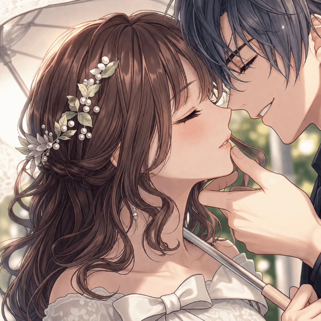 An anime couple sharing a kiss under a colorful umbrella