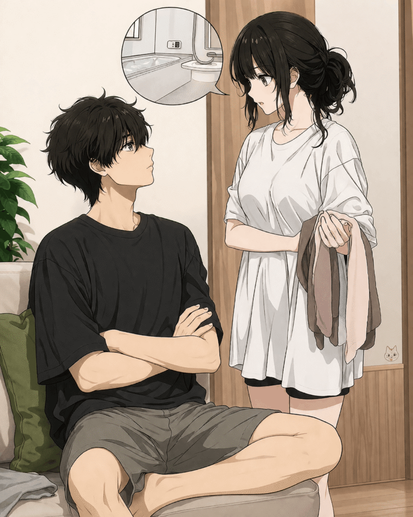 An anime couple sits on a couch