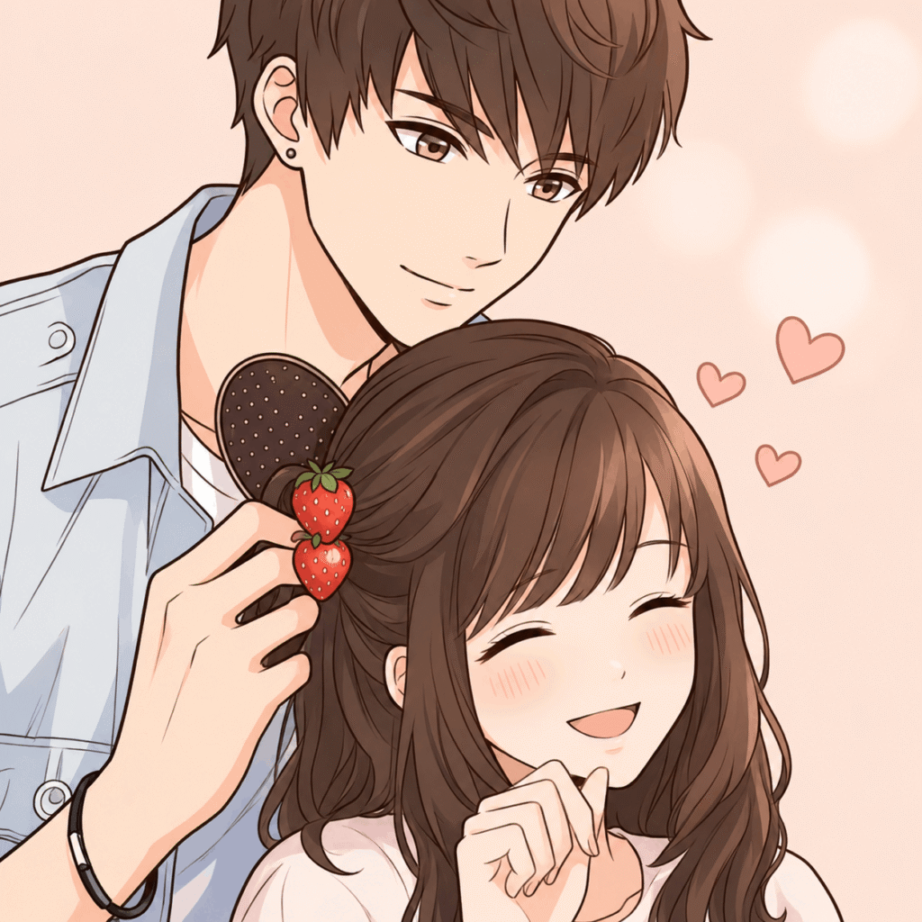 An anime couple with hearts above their heads