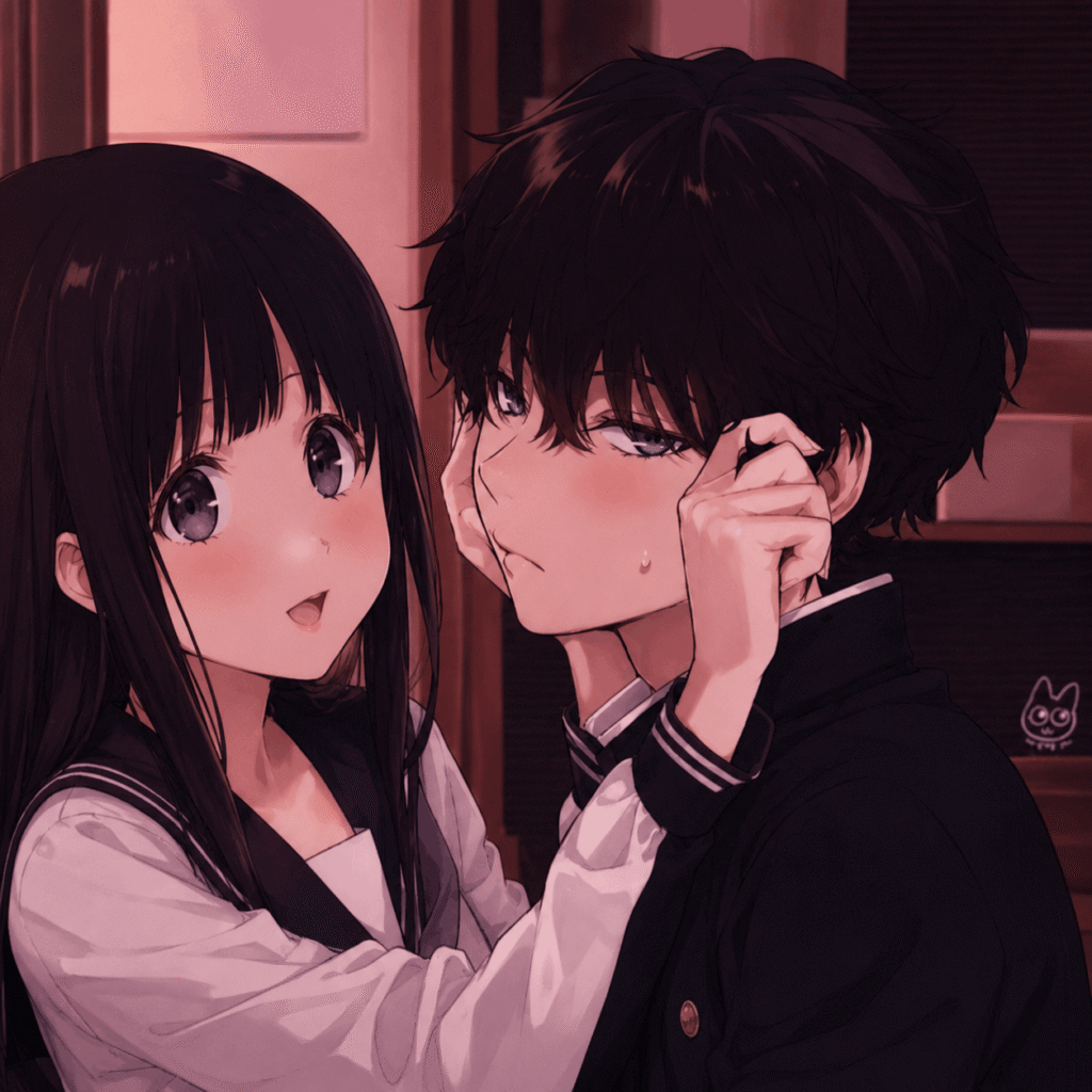 Anime couple embracing and sharing a kiss