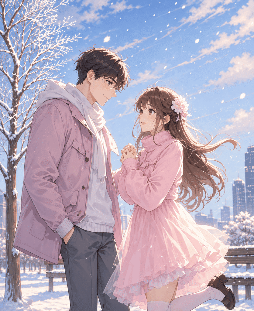 Anime couple embracing in a snowy park
