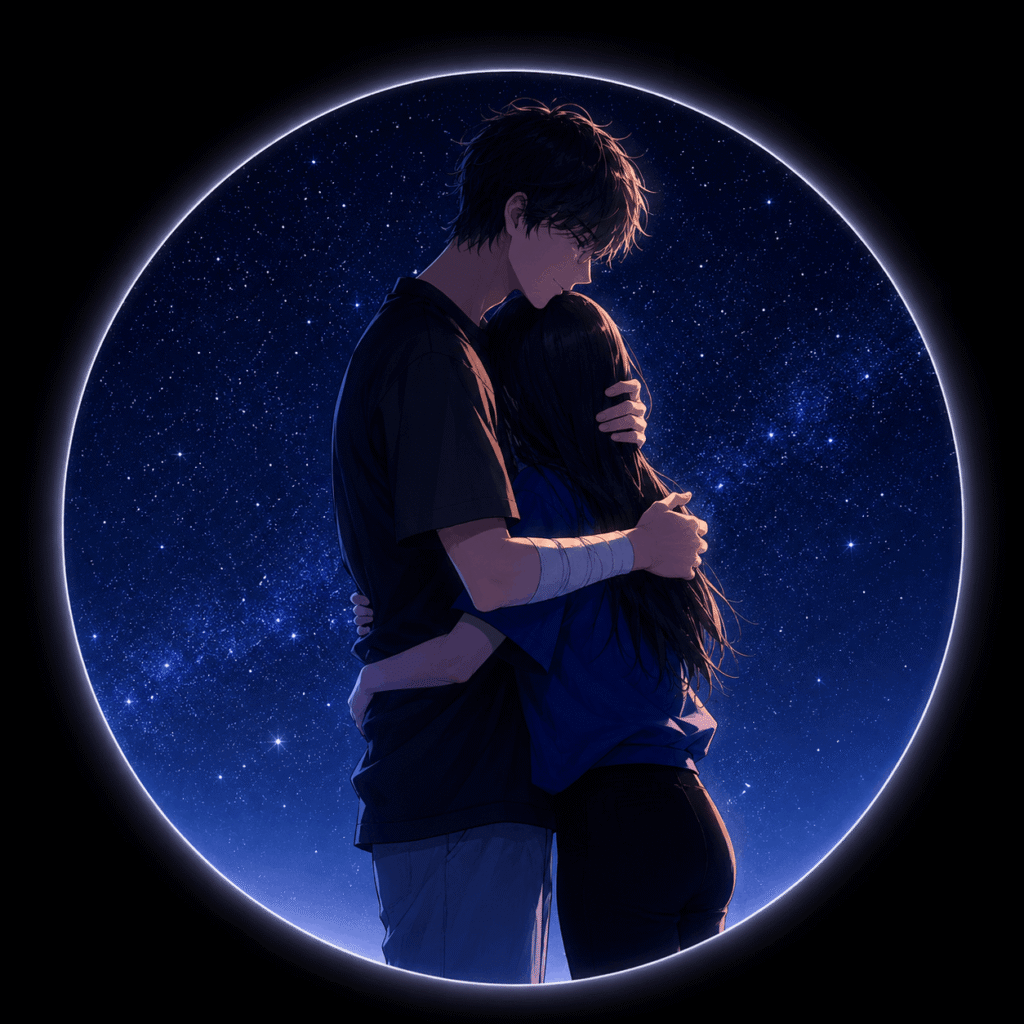 Anime couple embracing under a starry sky