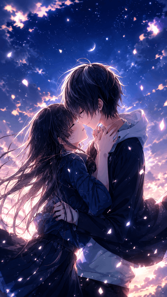 Anime couple kissing in a starry sky