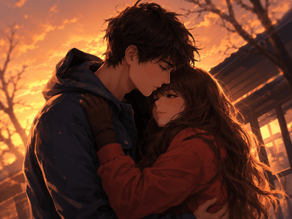 Anime couple sharing a kiss against a vibrant sunset backdrop