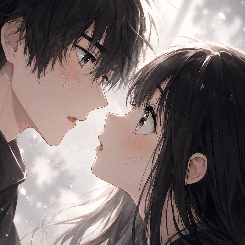 Anime couple sharing a kiss in a snowy landscape