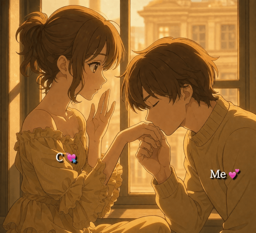 Anime couple sharing a kiss in front of a large window