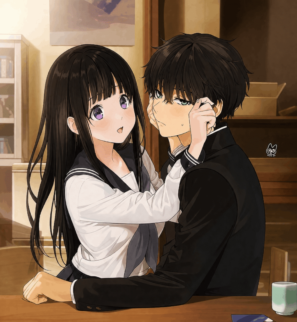 Anime couple sharing a kiss in front of a table