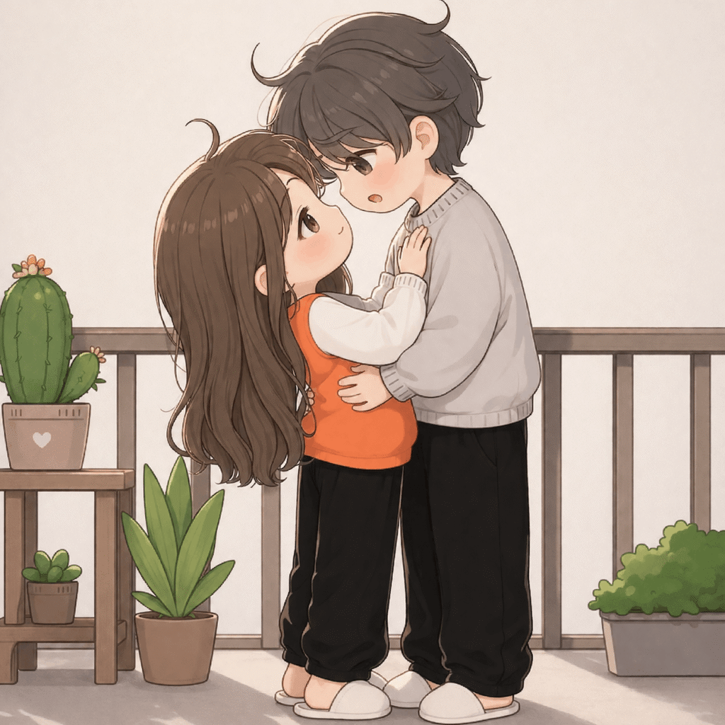 Anime couple sharing a kiss on a balcony