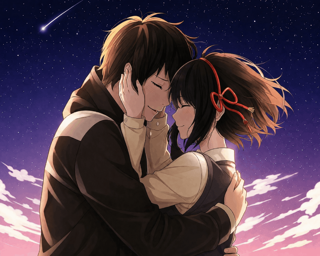 Anime couple sharing a kiss under a starry sky