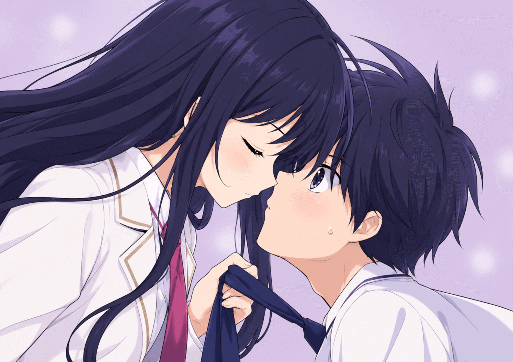 Anime couple sharing a kiss while holding hands