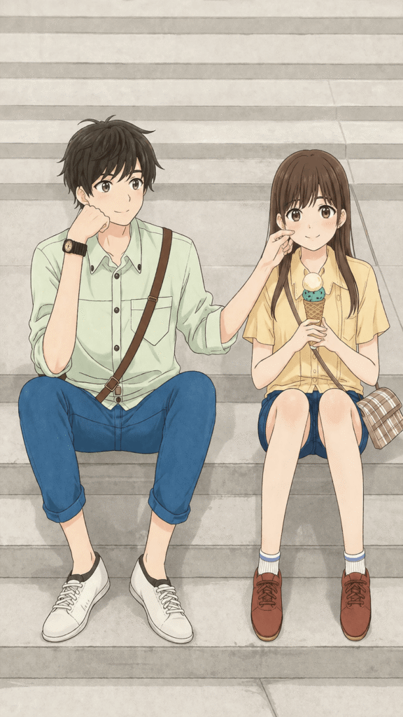 Anime couple sitting on steps