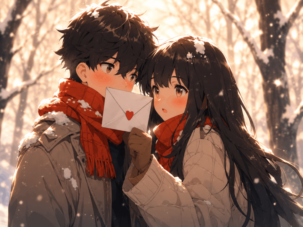 Anime couple standing in the snow