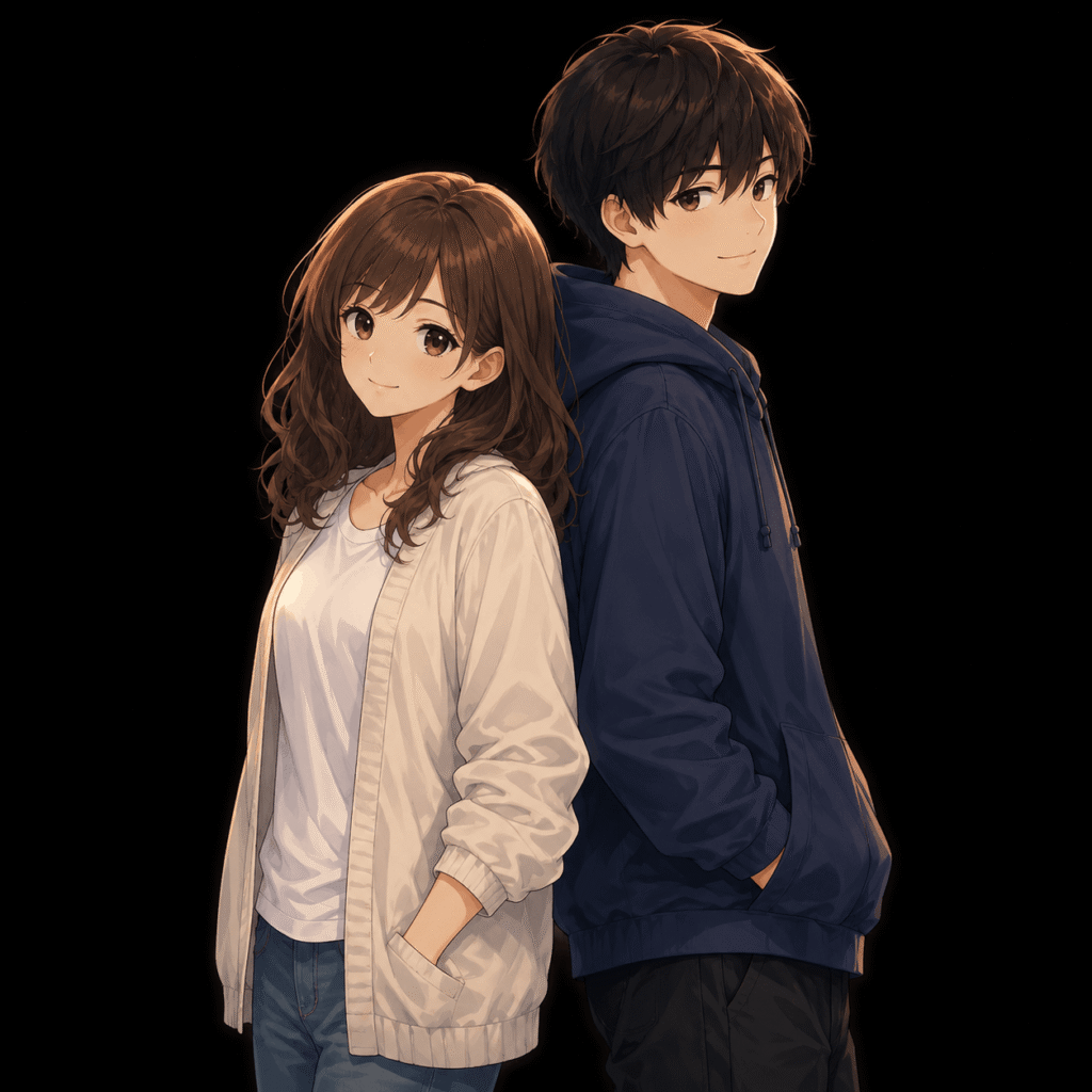 Anime couple standing together;