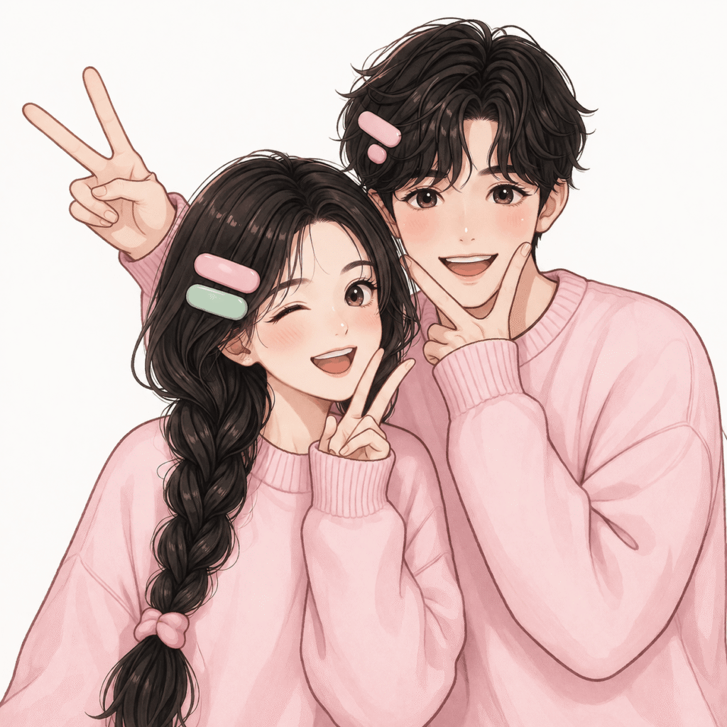 Anime couple wearing matching pink sweaters