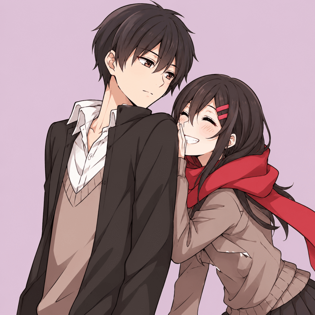 Anime couple wearing matching scarves