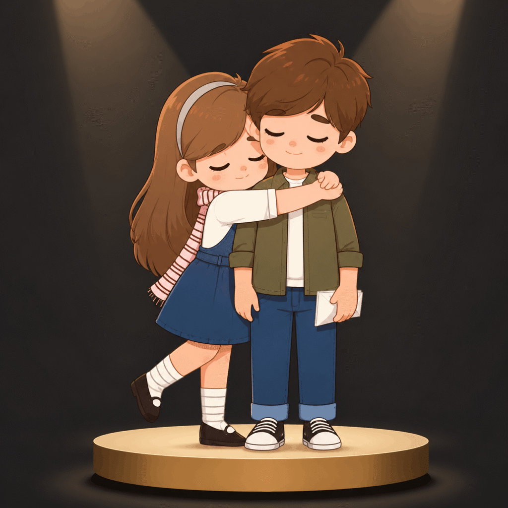 Cartoon couple embracing on a stage